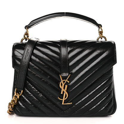 Saint Laurent Cracked Shiny Calfskin Matelasse Chevron Monogram Medium College Bag Black 1 of 9