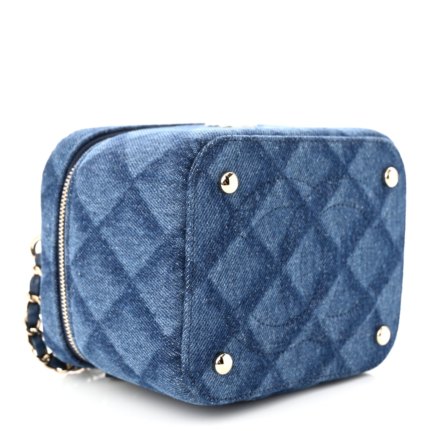 Printed Denim Quilted Mini Top Handle Vanity Case With Chain Dark Blue