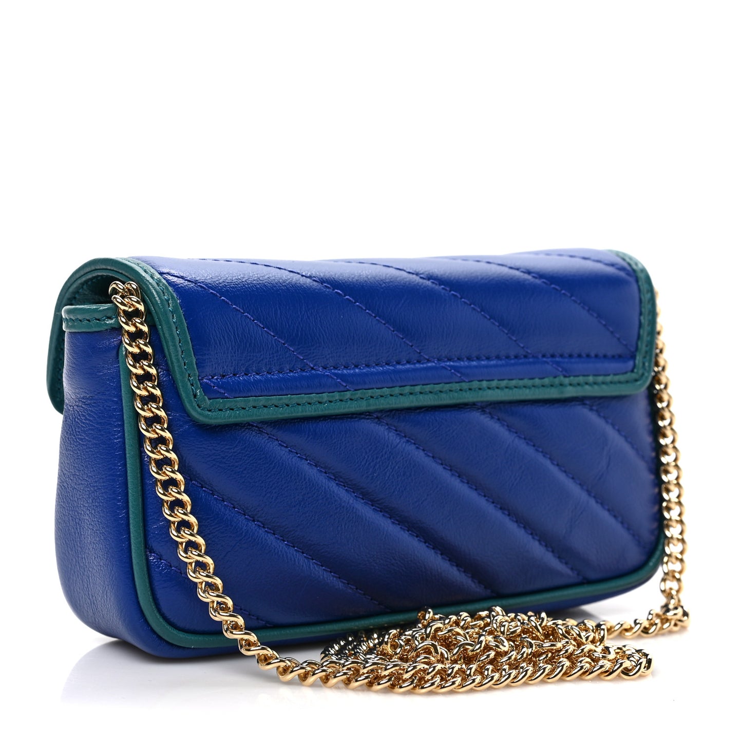 Azalea Calfskin Enamel Matelasse Diagonal Super Mini Torchon GG Marmont Shoulder Bag Imperial Blue Pavone