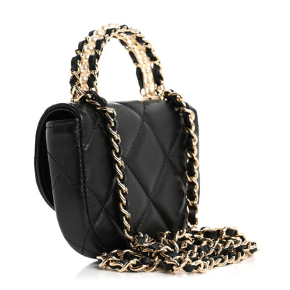 Chanel Lambskin Quilted Pearl Top Handle Clutch With Chain Black 3 of 12