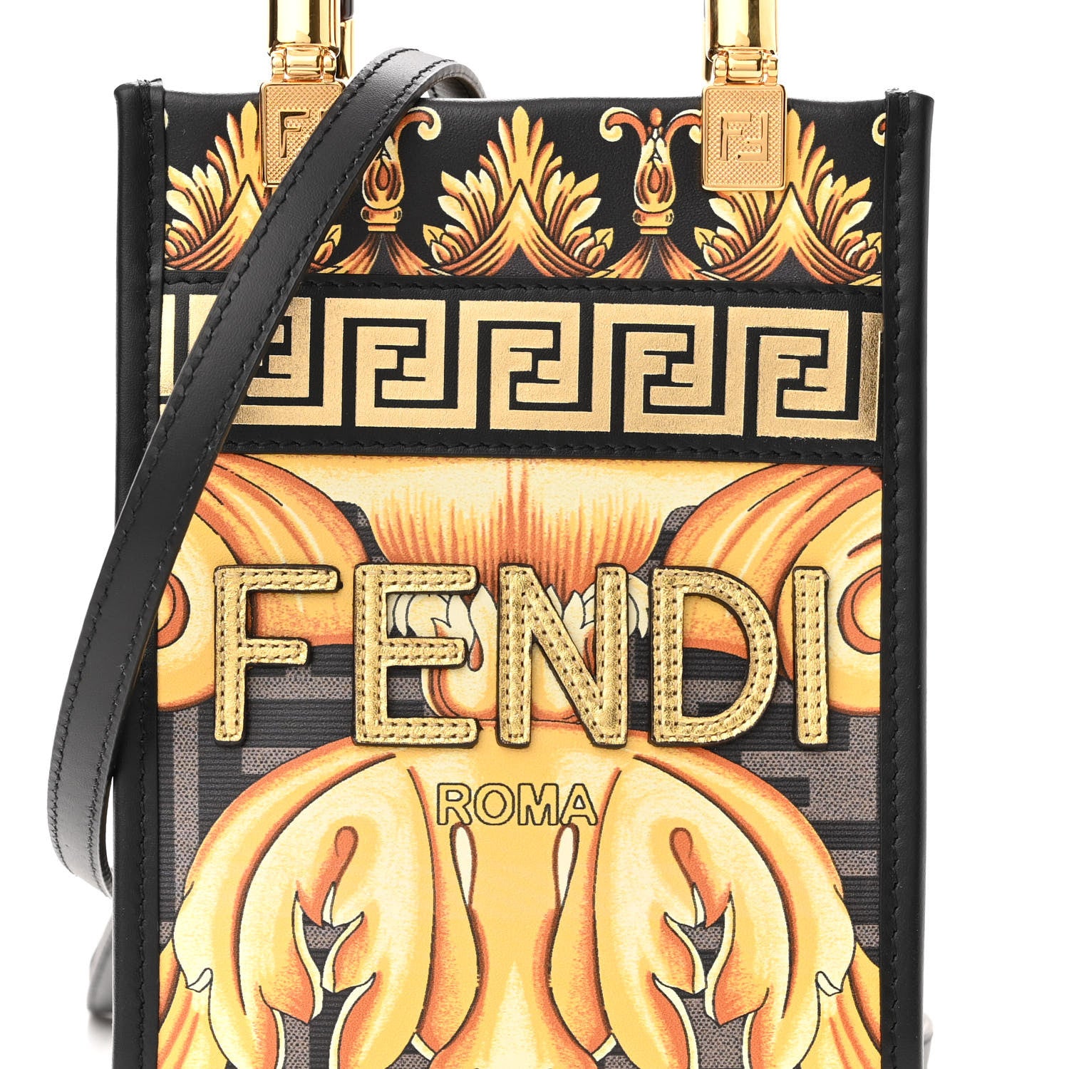 Fendi X VERSACE Vitello King Catalan Mirror Plexiglass Fendace FF Baroque Logo Mini Fendi Sunshine Shopper Tote Black Gold 7 of 10