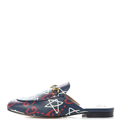 Gucci Calfskin GucciGhost Print Womens Princetown Slippers 36.5 Blue Agata Hibiscus Red 1 of 8