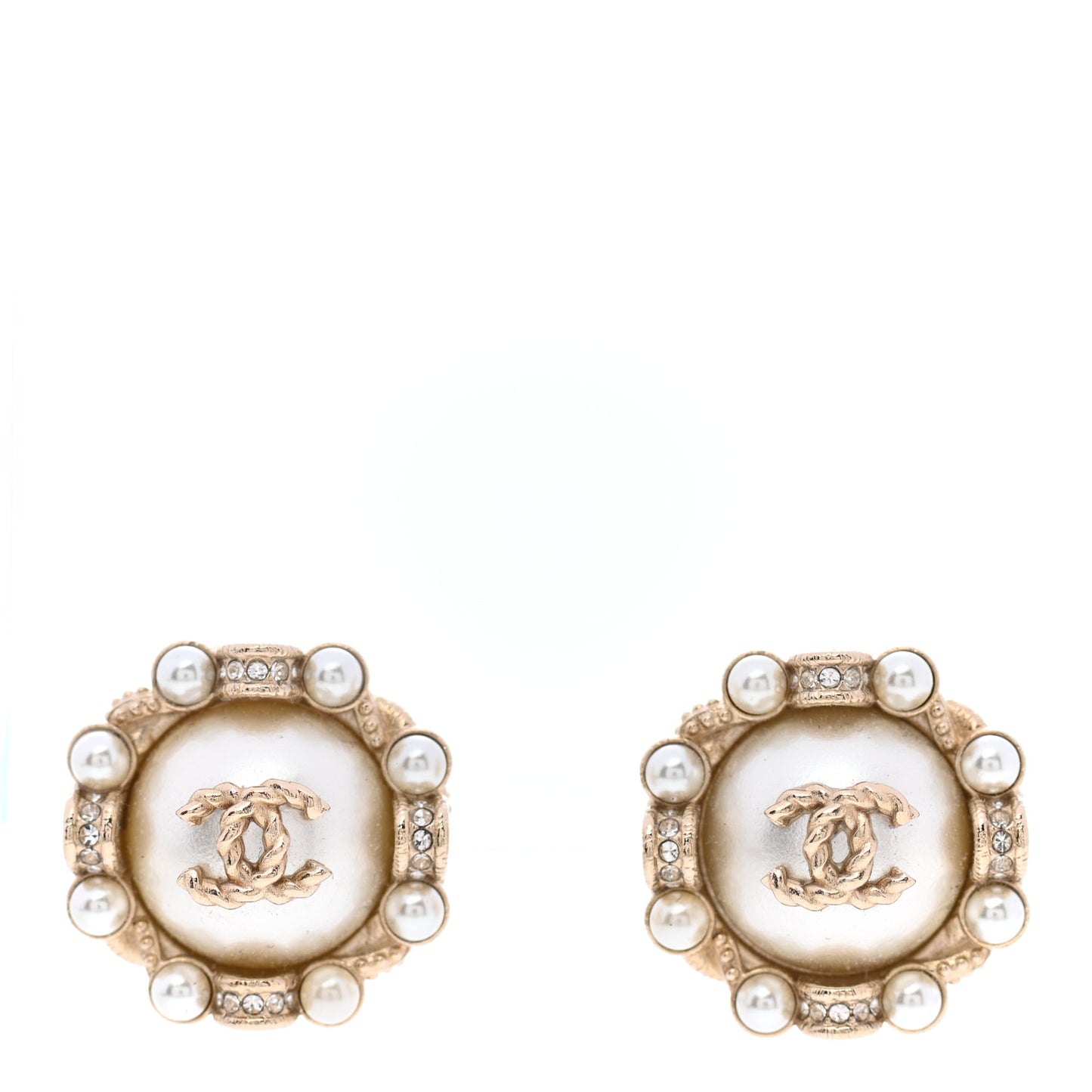 Pearl Crystal CC Round Clip On Earrings Gold