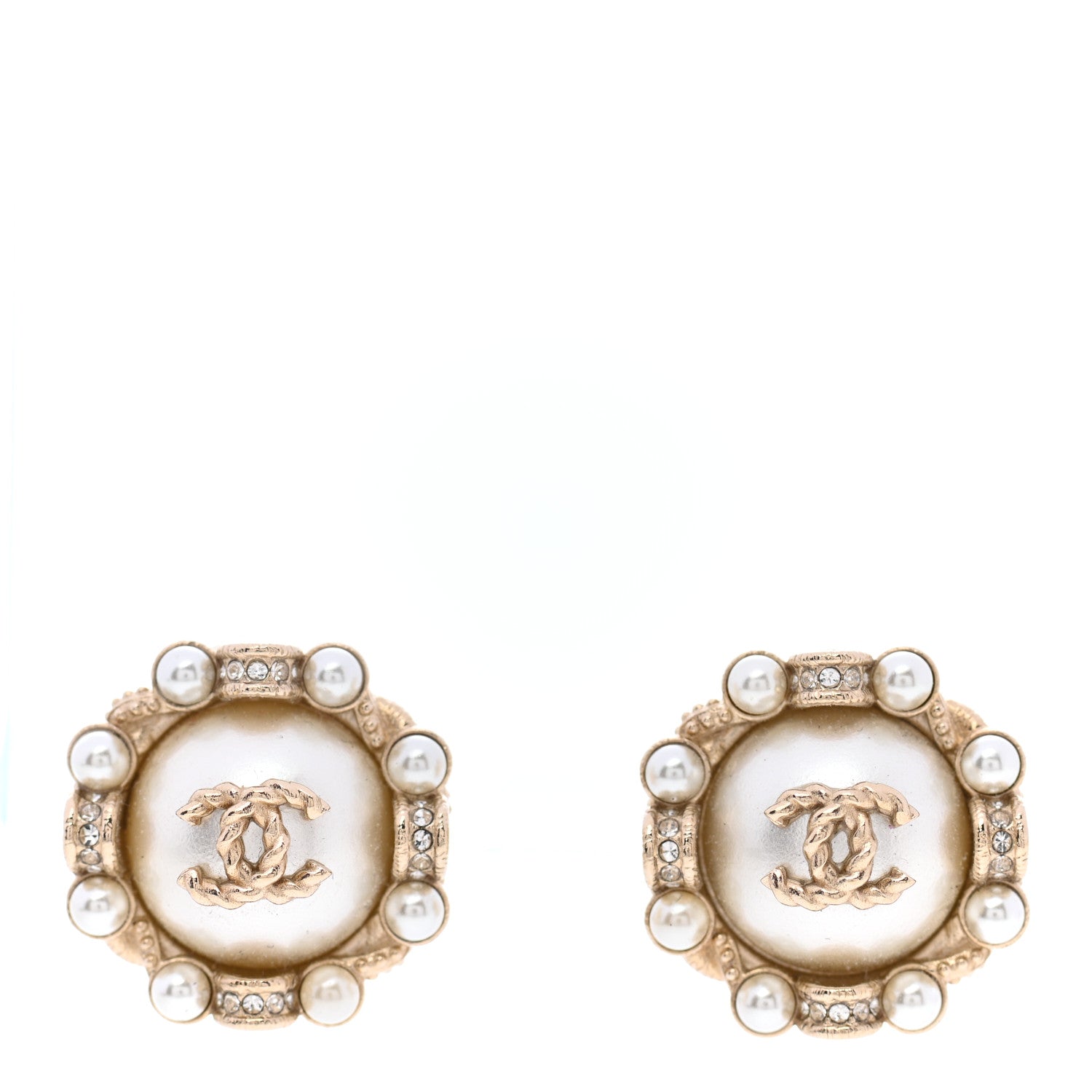 Chanel Pearl Crystal CC Round Clip On Earrings Gold 1 of 4