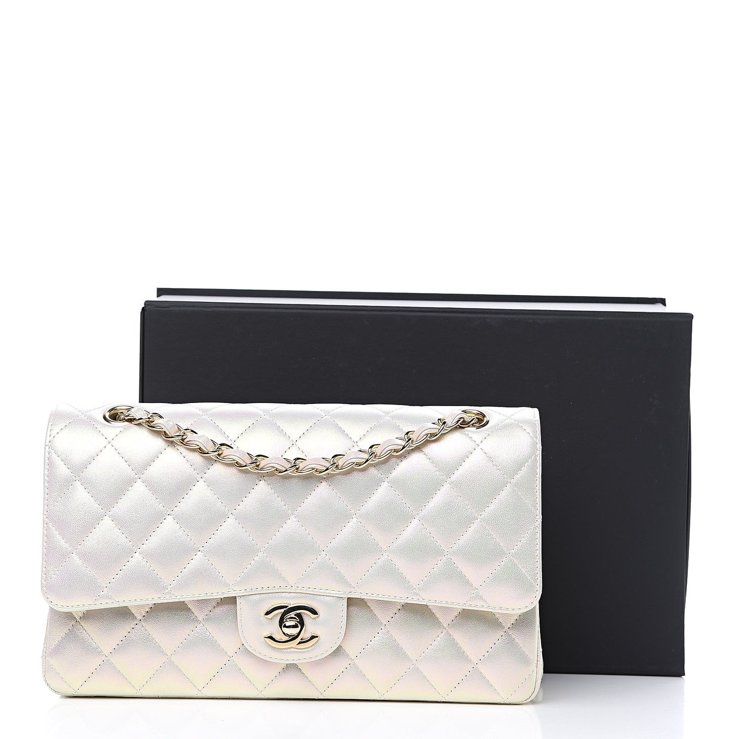 Iridescent Lambskin Quilted Medium Double Flap Ivory