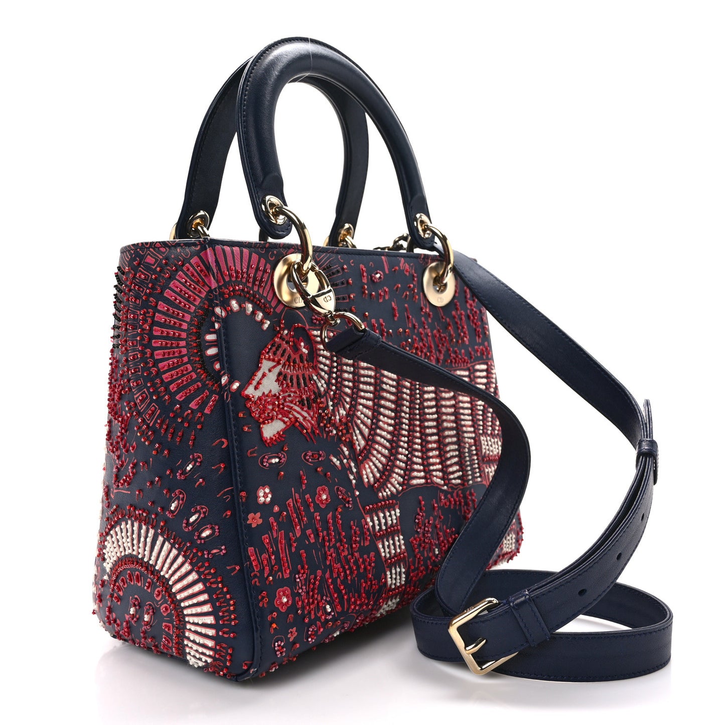 Smooth Calfskin Beaded Animals Medium Lady Dior Deep Blue Fuchsia