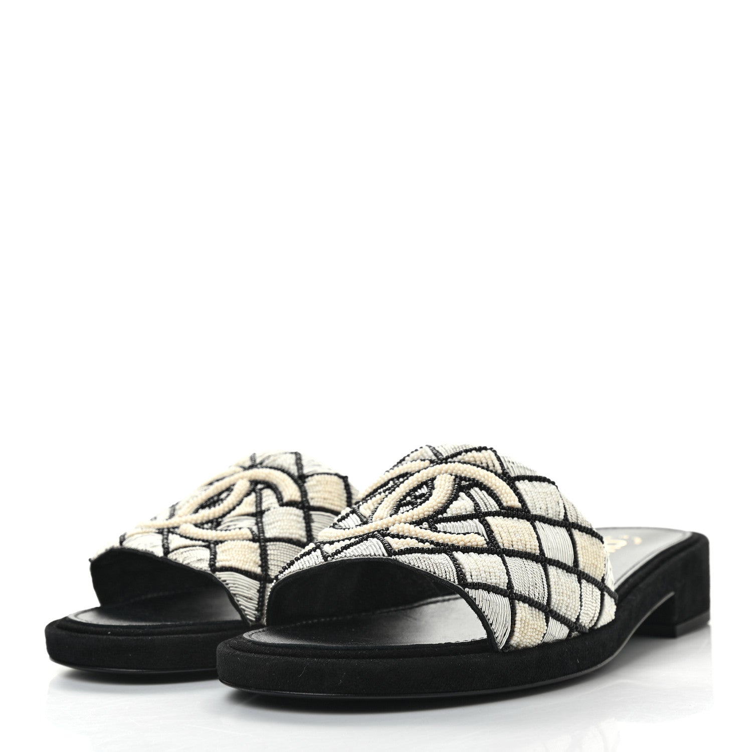 Chanel Pearl Embroidery CC Mules 38 Black White 4 of 9