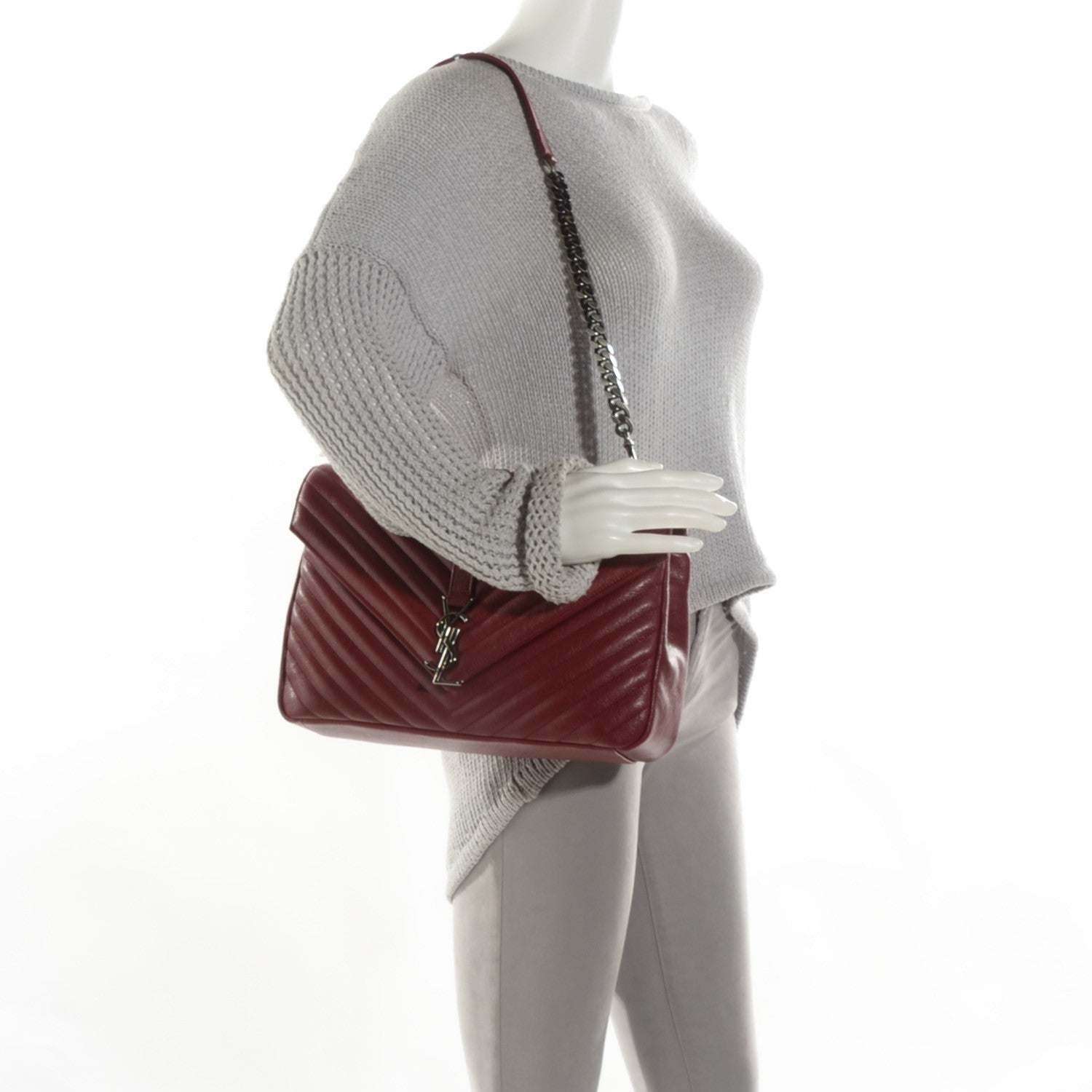 Saint Laurent Sheepskin Matelasse Chevron Large Monogram Satchel Oxblood 2 of 9