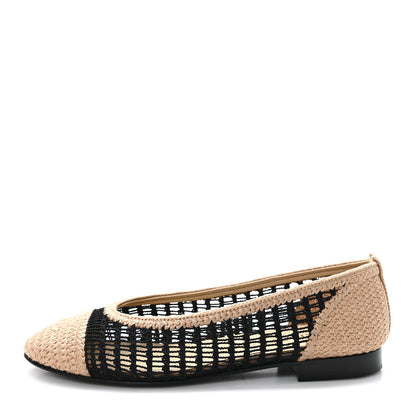 Chanel Raffia Cap Toe Ballerina Flats 37 Black Beige 1 of 9