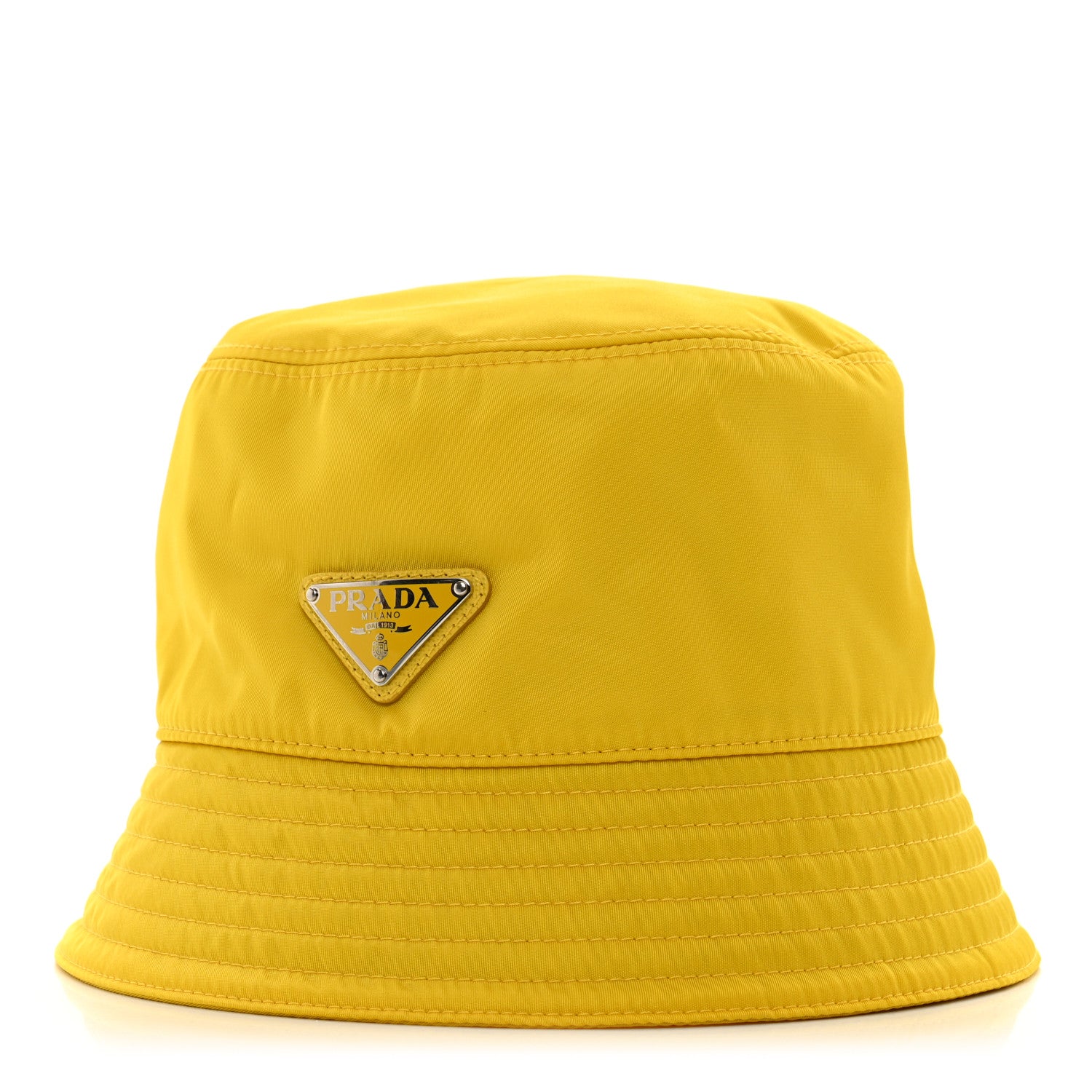 Prada Re-Nylon Metal Triangle Logo Mens Bucket Hat L Giallo 1 of 7