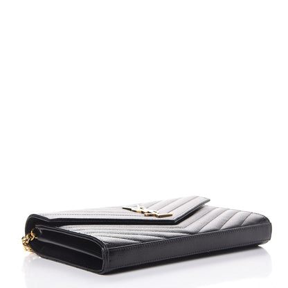 Saint Laurent Grain De Poudre Matelasse Chevron Monogram Chain Wallet Black 4 of 8