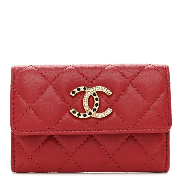 Chanel Lambskin Pearl Enamel Quilted Flap Card Holder Red 1807472