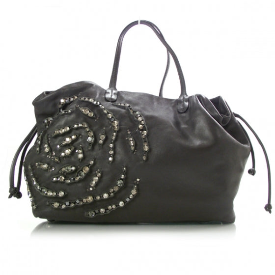 Valentino Garavani Nappa Leather Crystal Rose Glam Tote Gray 1 of 13