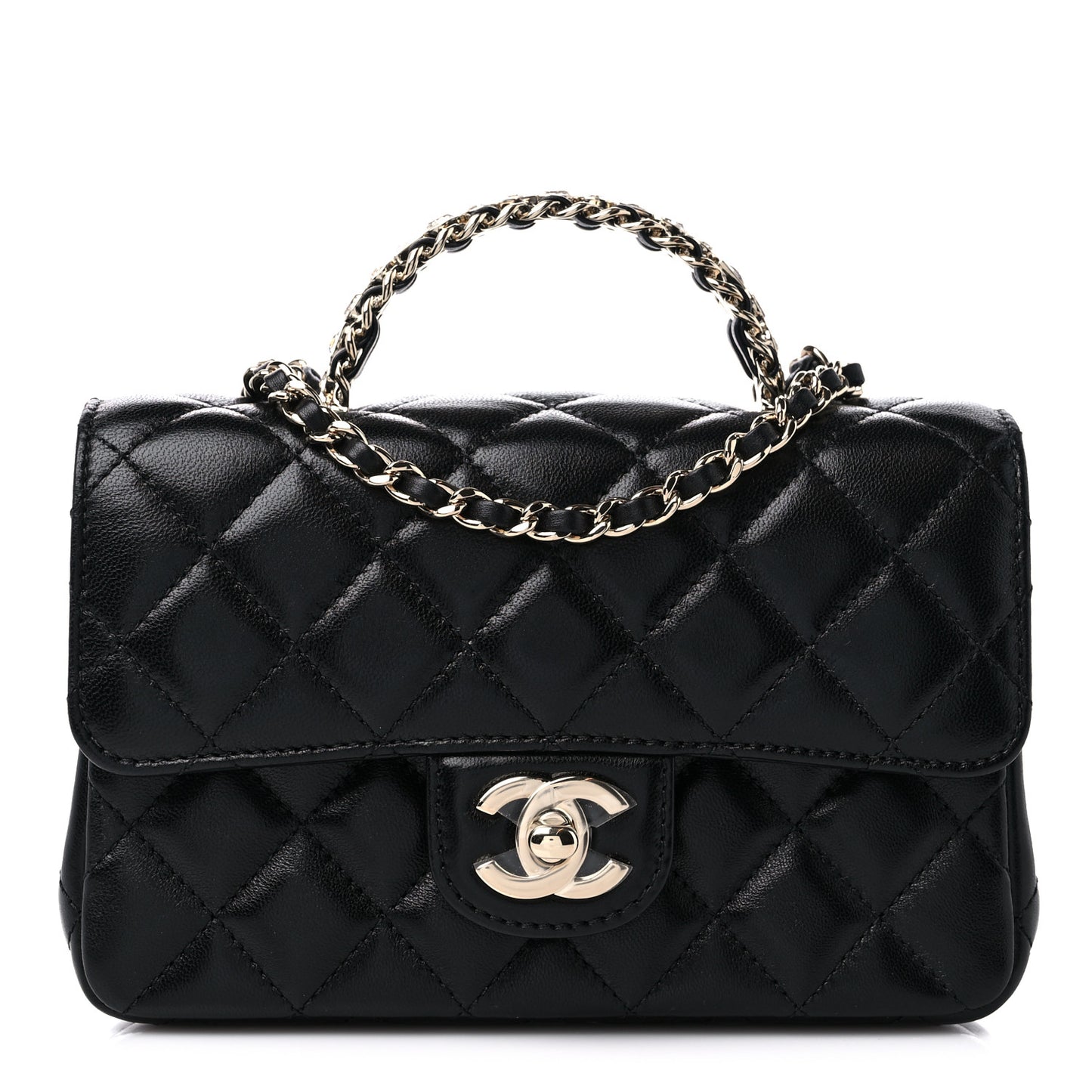 Lambskin Quilted Mini Crystal Top Handle Rectangular Flap Black