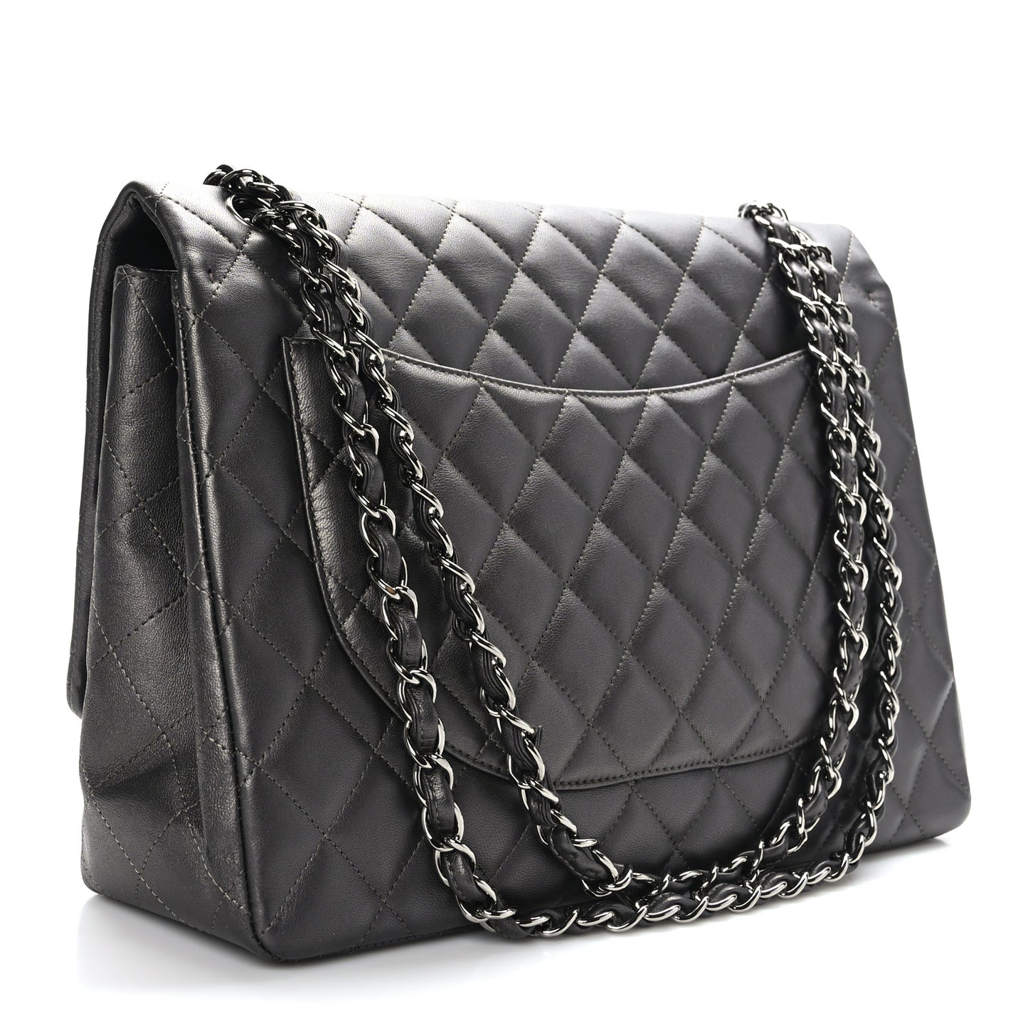 Metallic Lambskin Quilted Maxi Single Flap Grey