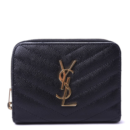 Saint Laurent Grain De Poudre Matelasse Chevron Monogram Compact Zip Around Wallet Black 1 of 8