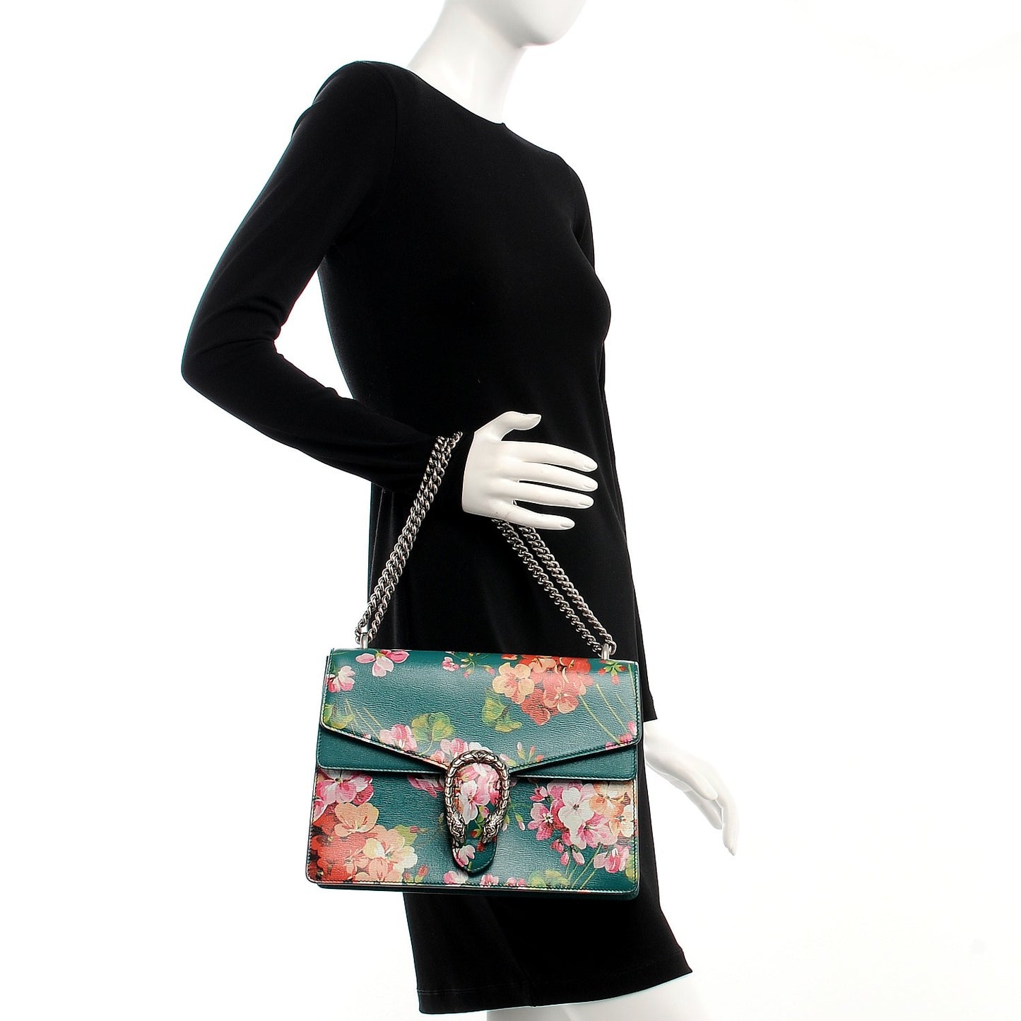 Calfskin Blooms Print Medium Dionysus Shoulder Bag Bright Emerald Multicolor