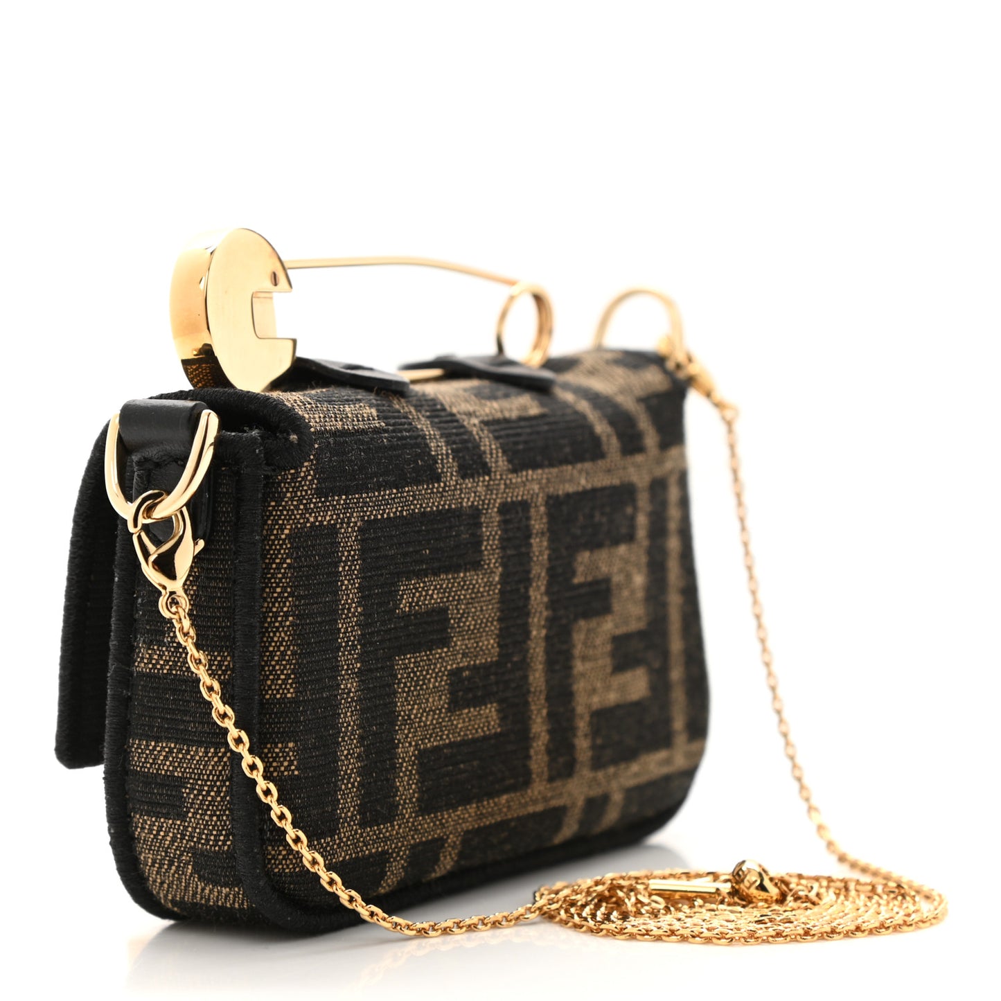 X VERSACE Fabric Jacquard Fendace FF Nano Brooch Baguette Tobacco Black