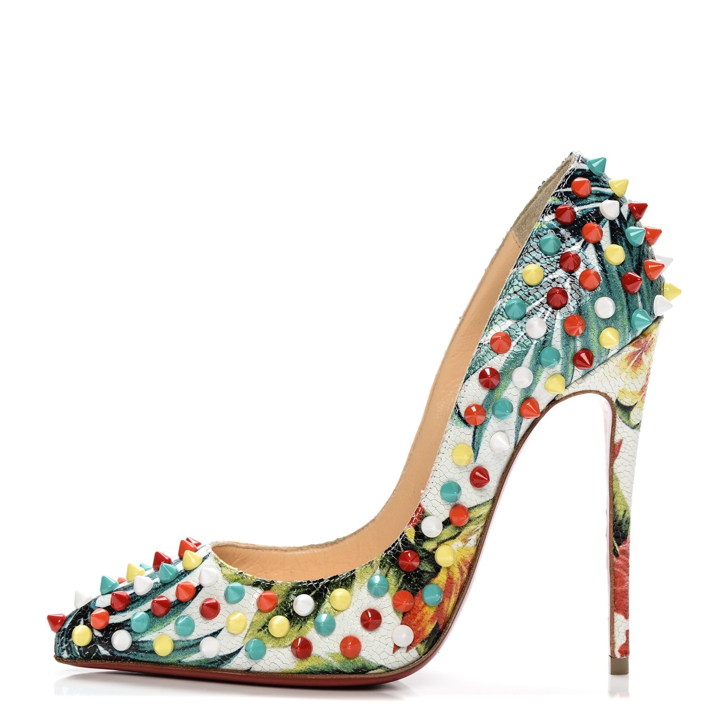 Crackled Calfskin Hawaiian Print Follies Spikes 120 Pumps 35 White Multi
