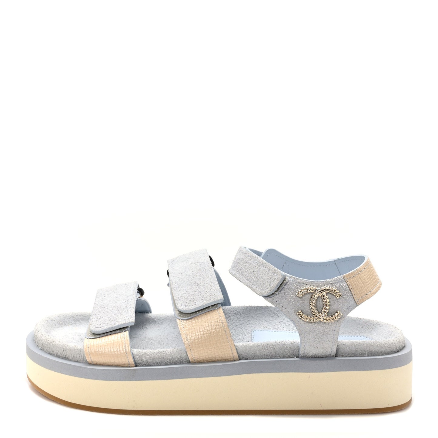 Suede Calfskin Velcro Flat Sandals 39 Light Blue Beige