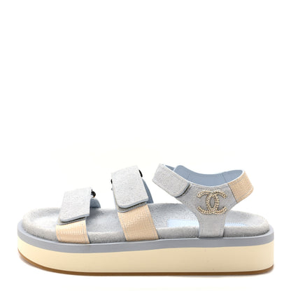 Chanel Suede Calfskin Velcro Flat Sandals 39 Light Blue Beige 1 of 9