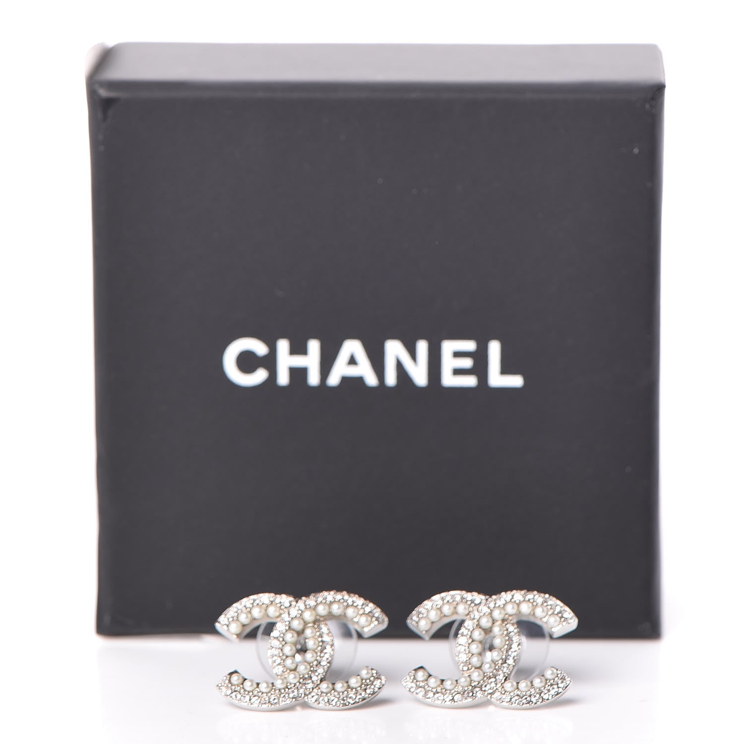 Chanel Pearl Crystal CC Snow Palace Earrings Silver 5 of 5