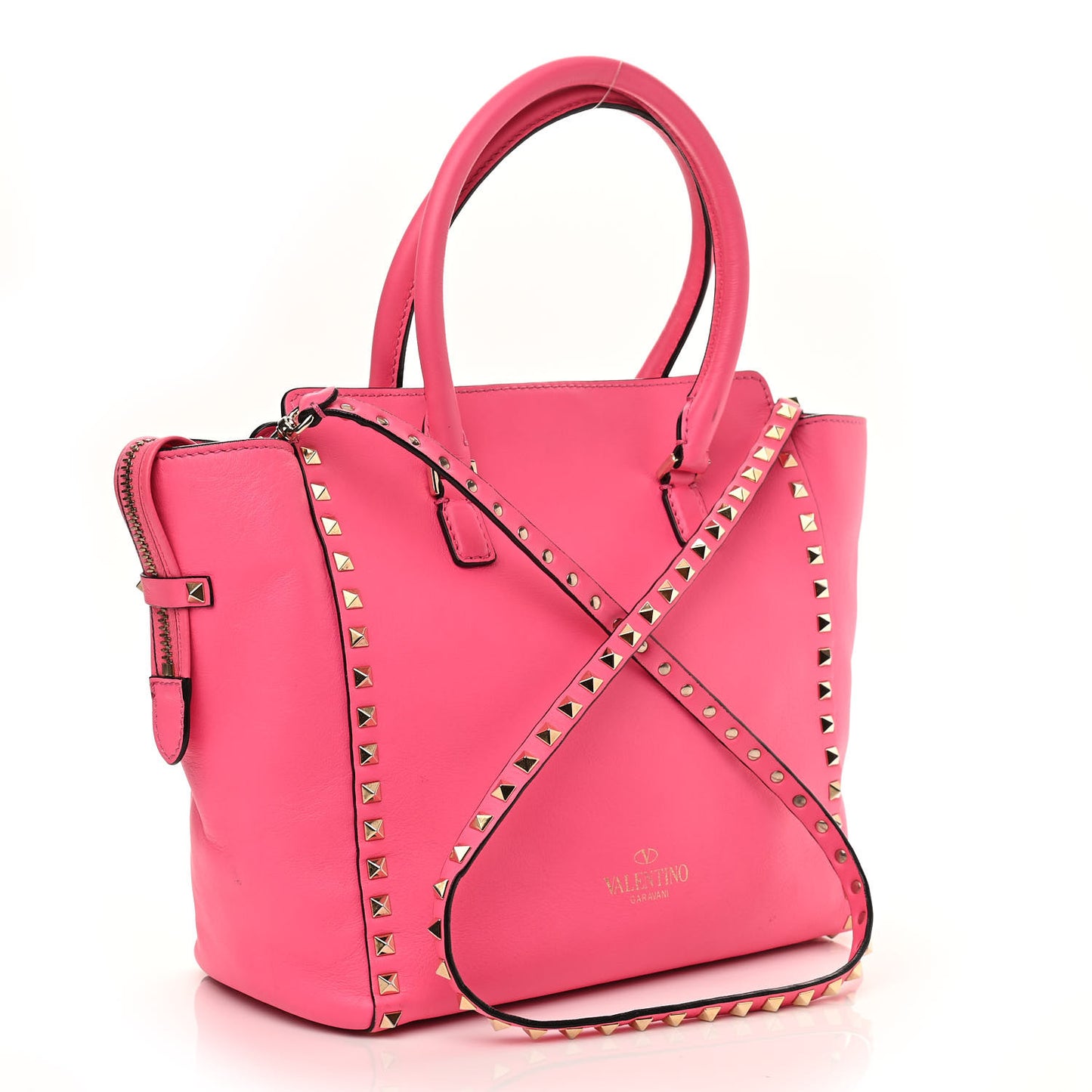 Vitello Rockstud Double Handle Tote Fuxia Fluo