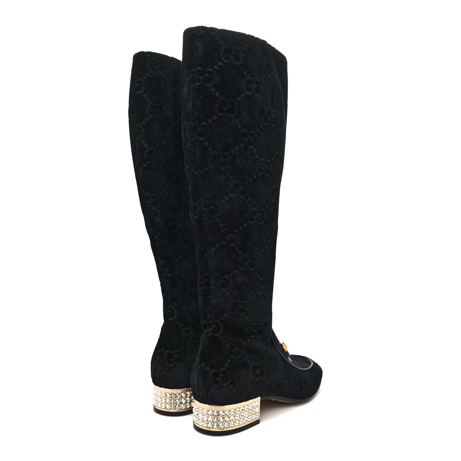 Gucci Velvet GG Monogram Crystal Horsebit Knee High Boots 38 Black 4 of 7