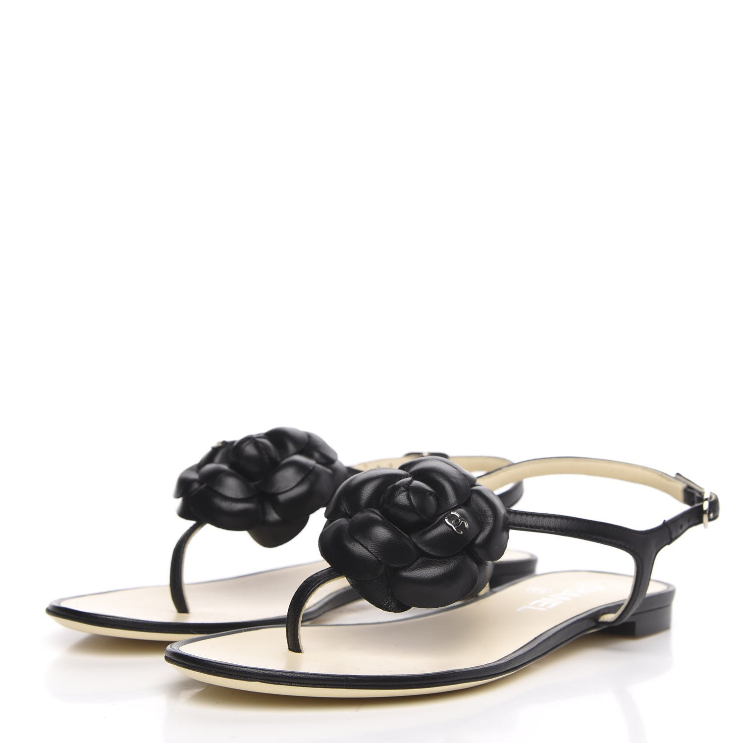 Chanel Lambskin Camellia Thong Sandals 37 Black 3 of 7