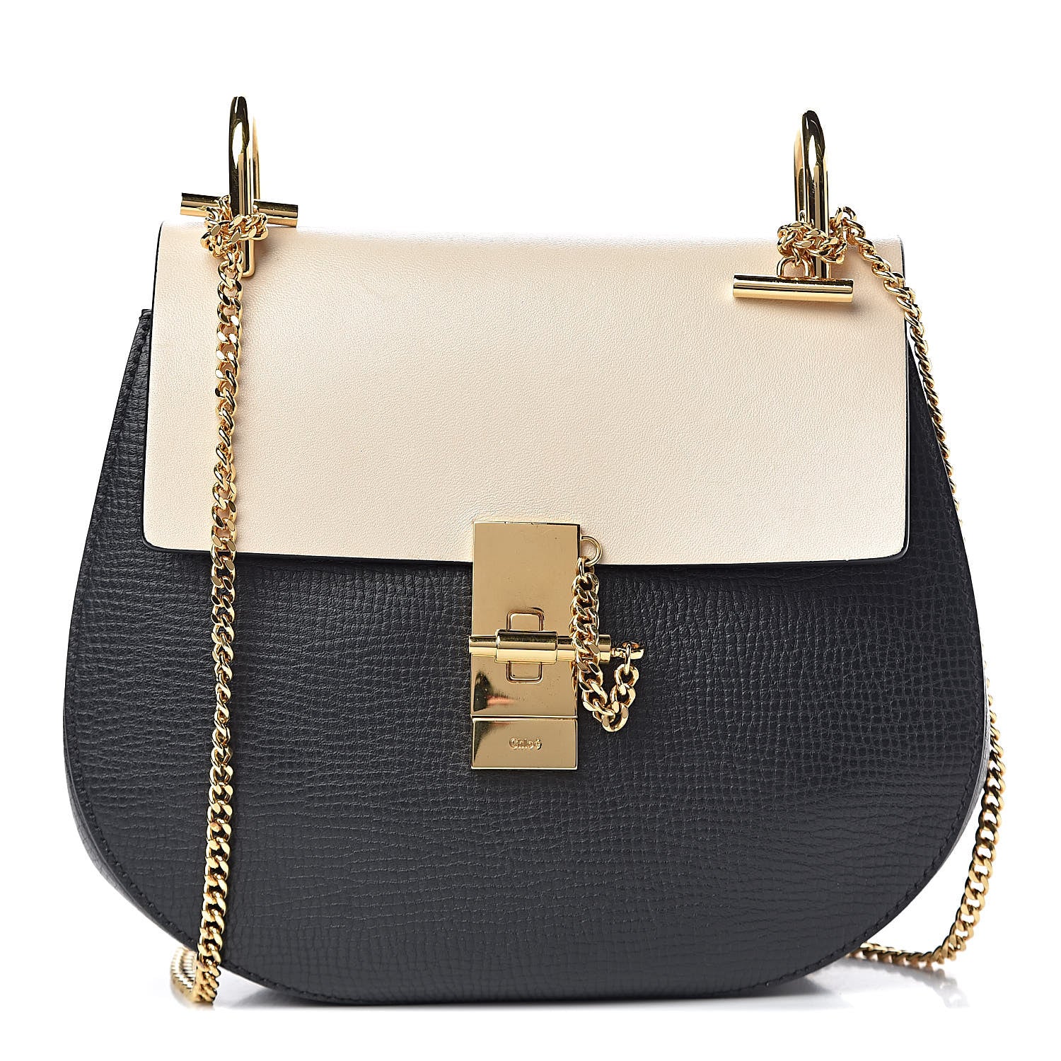 Chloe Grained Calfskin Lambskin Bi-Color Drew Shoulder Bag Black Powder Beige 1 of 9