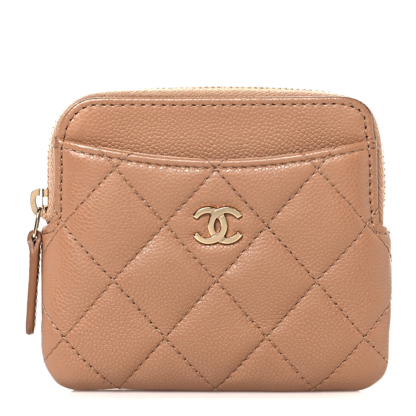 Caviar Quilted Zip Card Holder Wallet Beige
