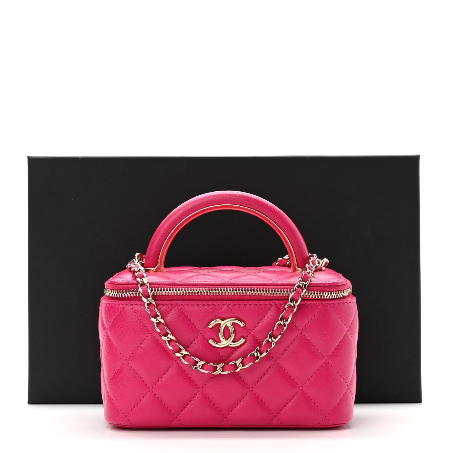 Lambskin Quilted Small Top Handle Vanity Case With Chain Dark Pink
