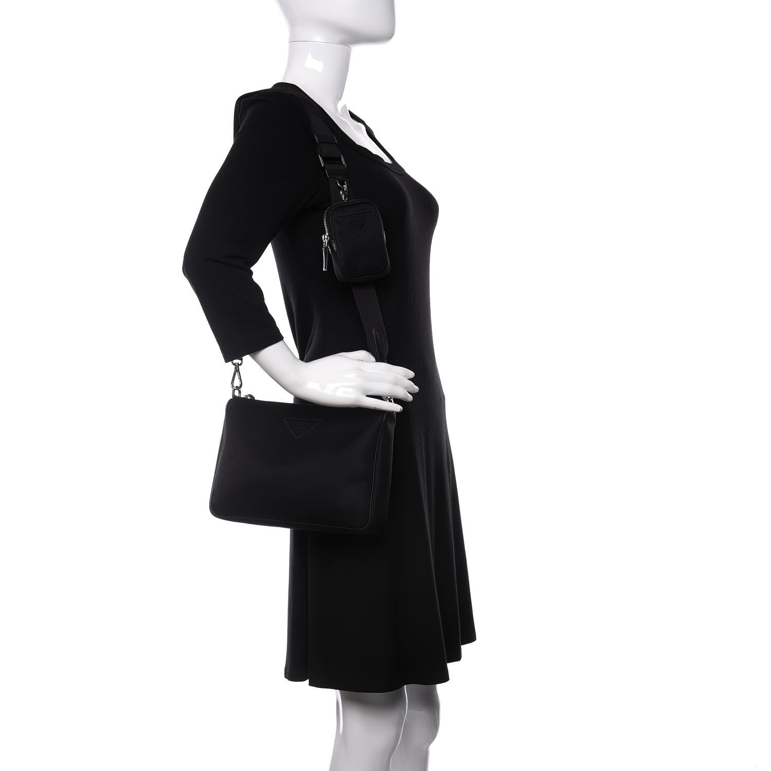 Prada Tessuto Nylon Saffiano Rubber Triangle Logo Pocket Zippered Shoulder Bag Black 2 of 11