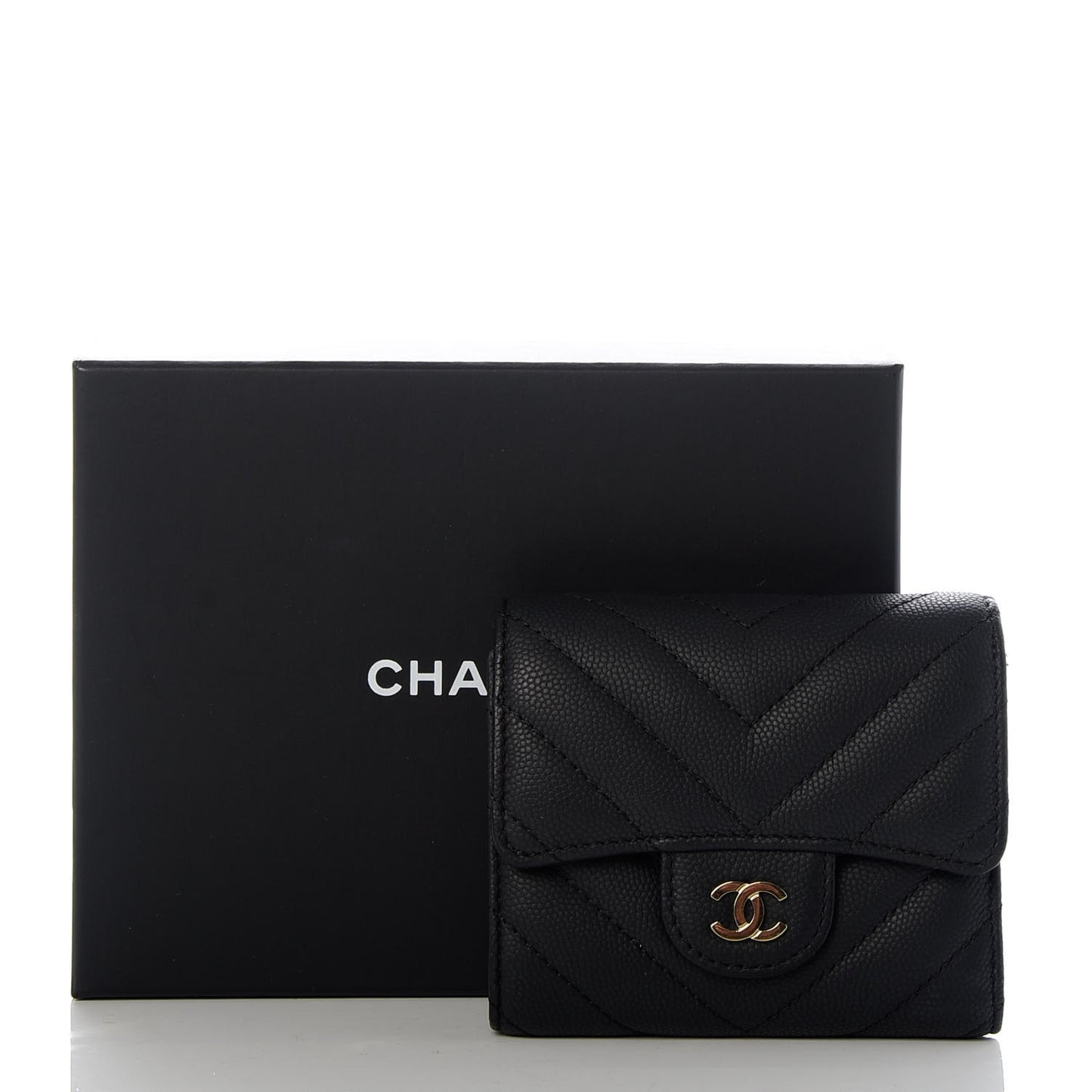 Caviar Chevron Quilted Compact Flap Wallet Black