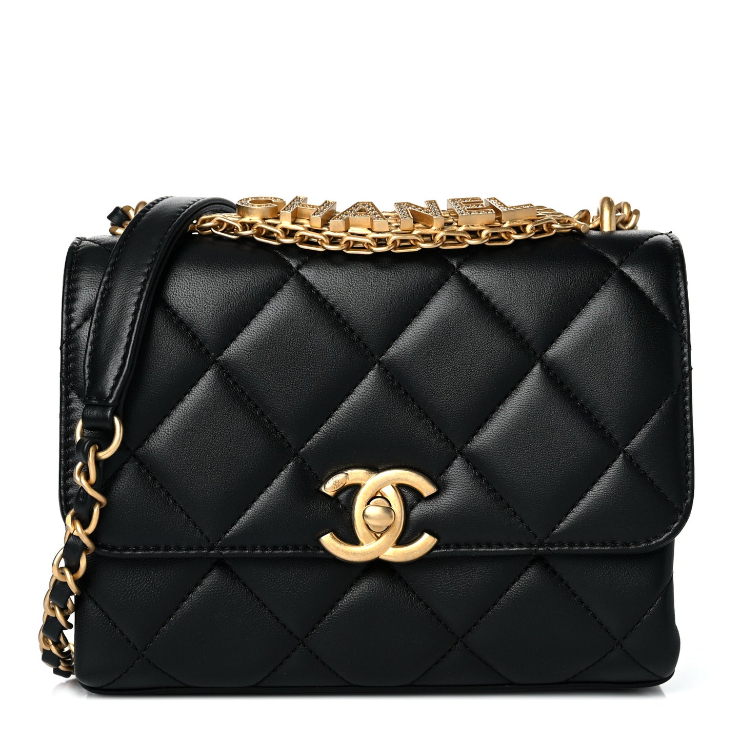 Lambskin Quilted Mini CC Crystal Logo Chain Flap Black