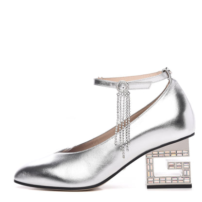 Gucci Metallic Nappa Crystal Square G Mid Heel Pumps 39 Silver 1 of 9