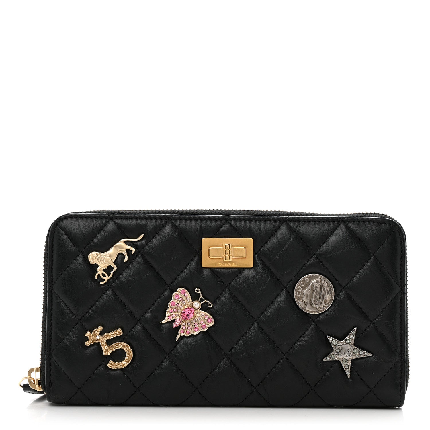 Chanel Aged Calfskin Quilted Lucky Charms 2.55 Reissue Zip Around Wallet Black 1 of 13