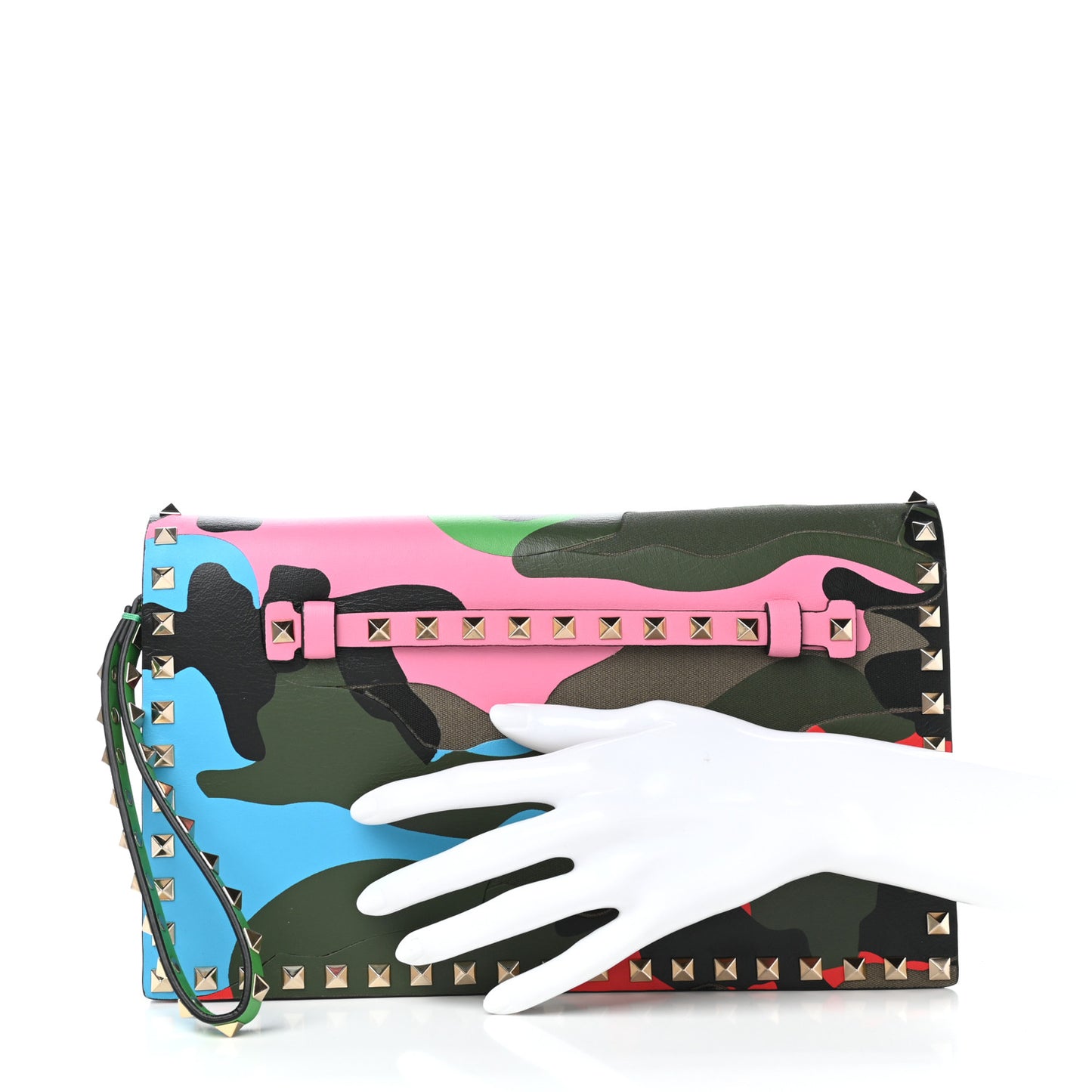 Nappa Canvas Camouflage Rockstud Wristlet Clutch Army Green Ninphea Parrot
