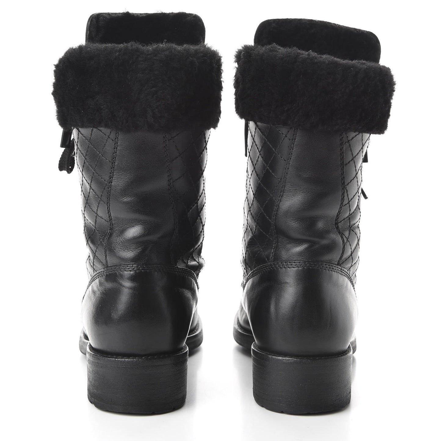 Calfskin Shearling Quilted Cap Toe Combat Boots 39.5 Black