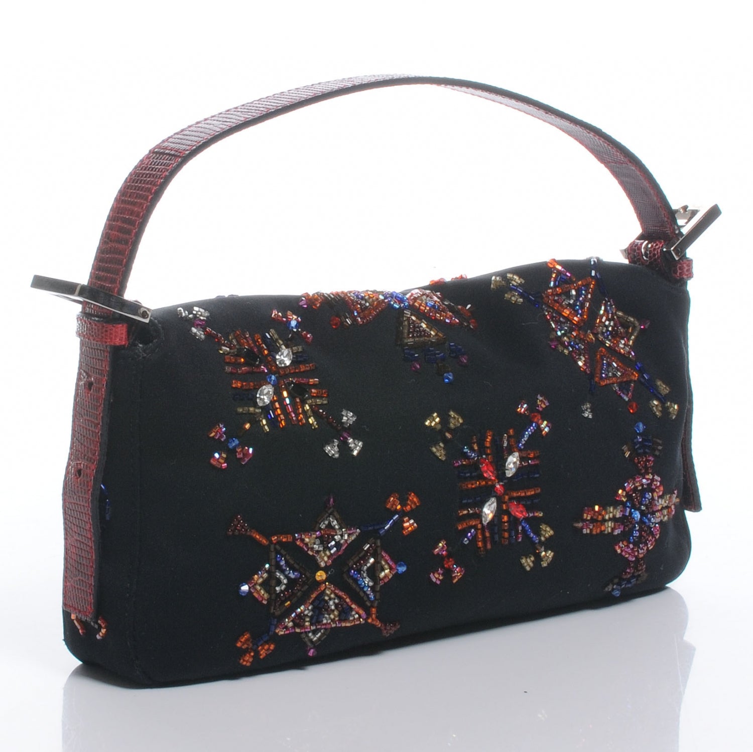 Fendi Canvas Lizard Beaded Baguette Black 3 of 8
