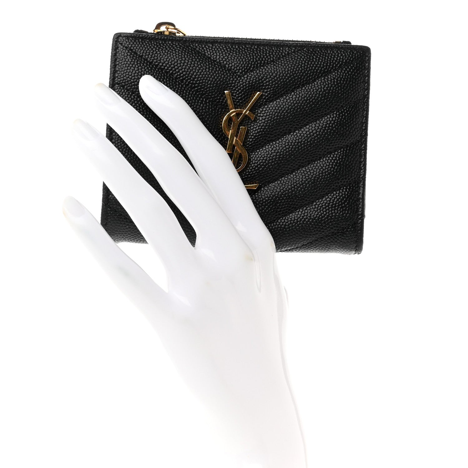 Saint Laurent Grain De Poudre Matelasse Chevron Monogram Zipped Card Case Black 2 of 8
