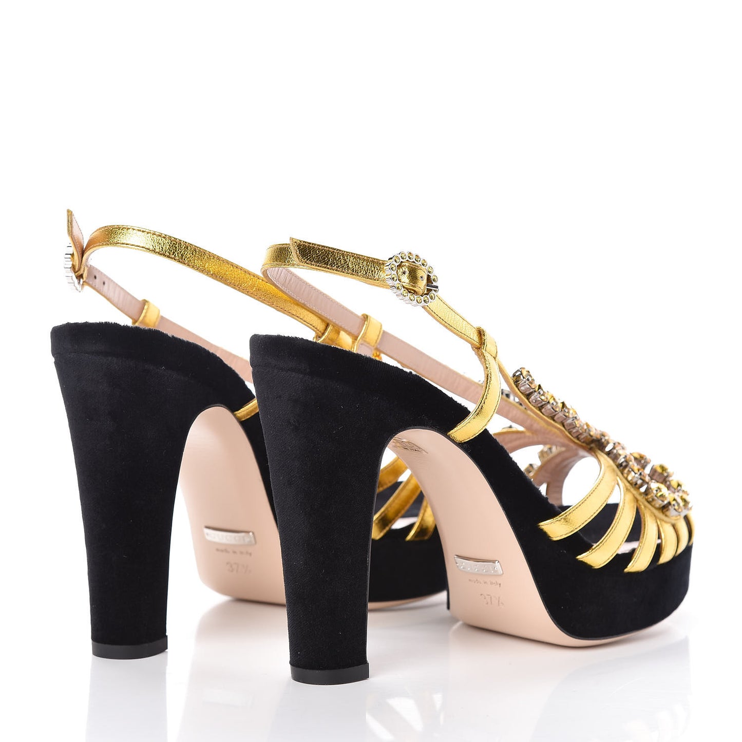 Velvet Nappa Crystal Zephyra Slingback Platform High Heel Sandals 37.5 Black Gold