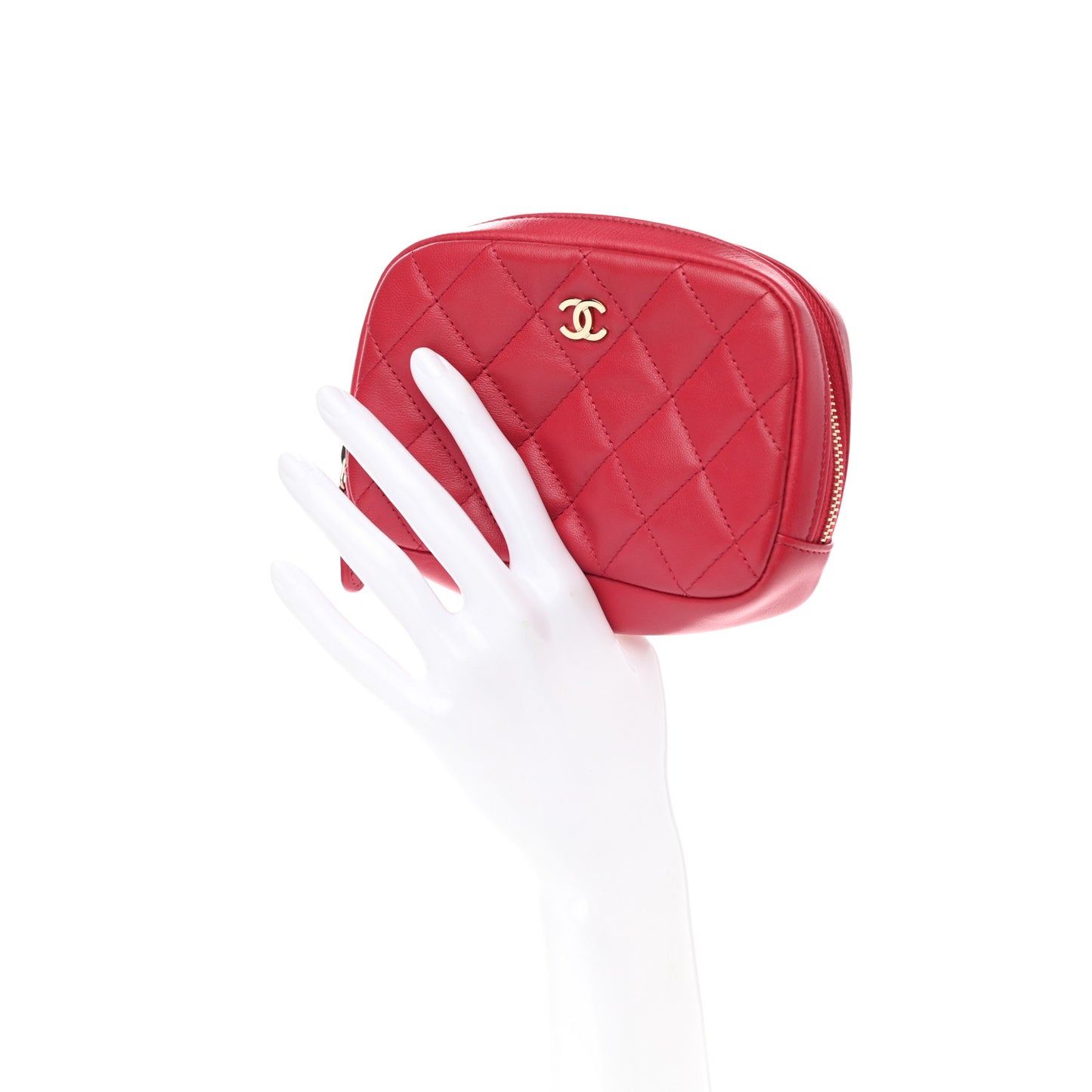 Lambskin Quilted Small Curvy Pouch Cosmetic Case Red