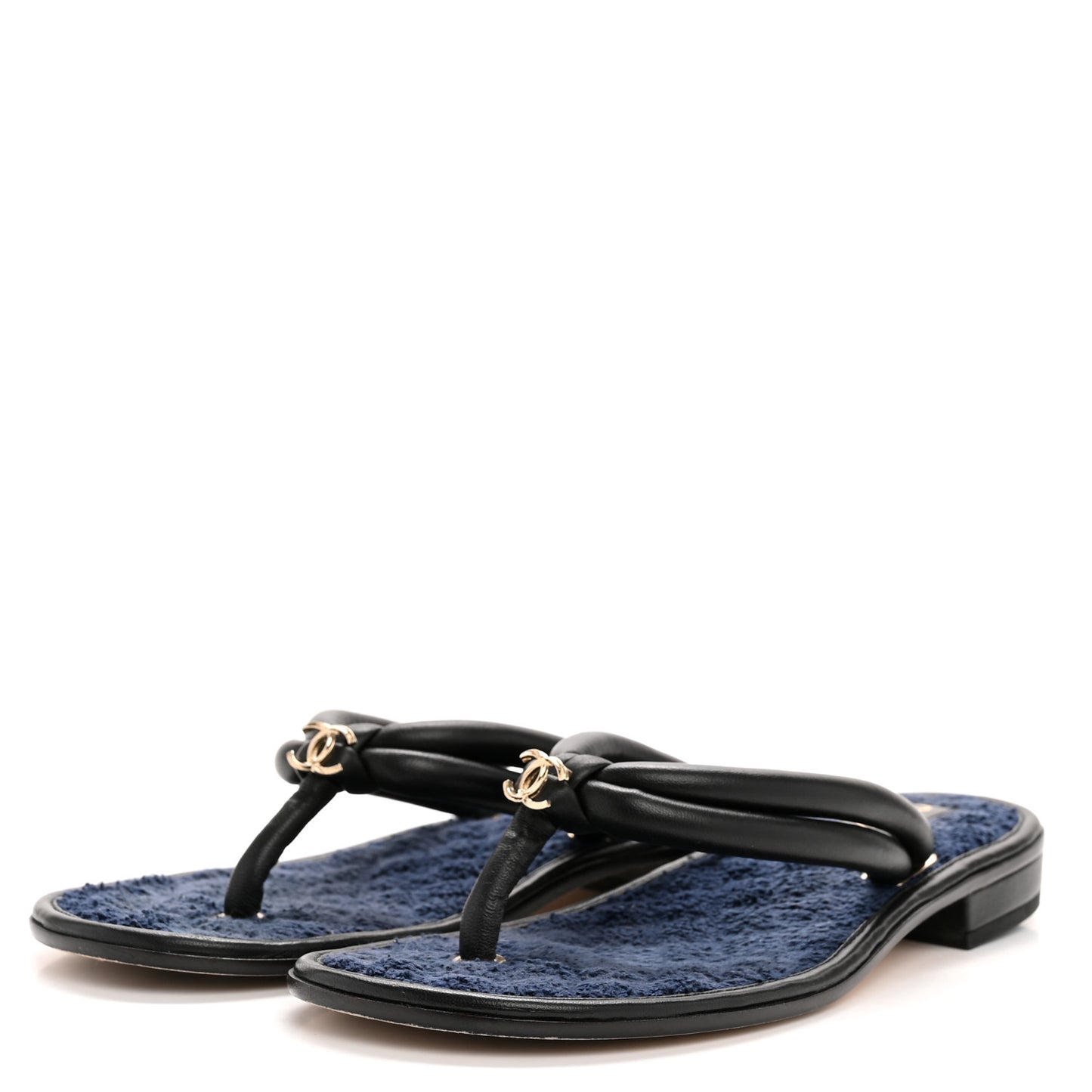 Lambskin Terry Cloth CC Thong Sandals 38 Black Dark Navy