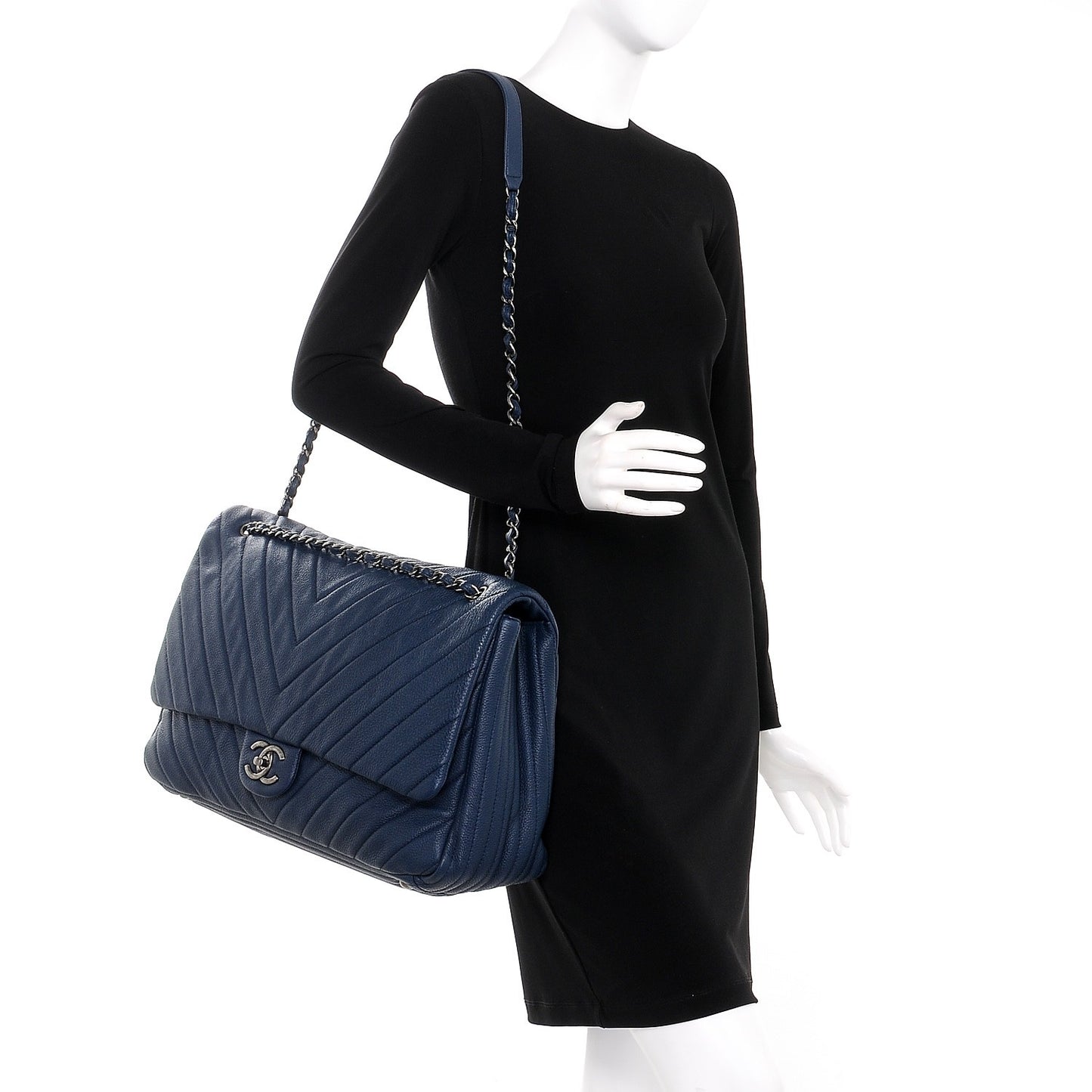 Calfskin Chevron Quilted XXL Travel Flap Bag Blue