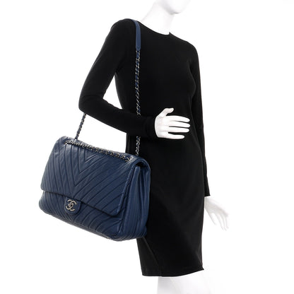 Chanel Calfskin Chevron Quilted XXL Travel Flap Bag Blue 2 of 7