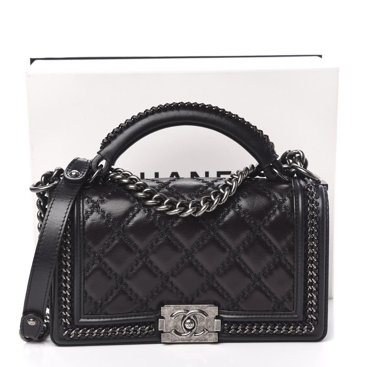 Goatskin Quilted Medium Boy Top Handle Flap Black