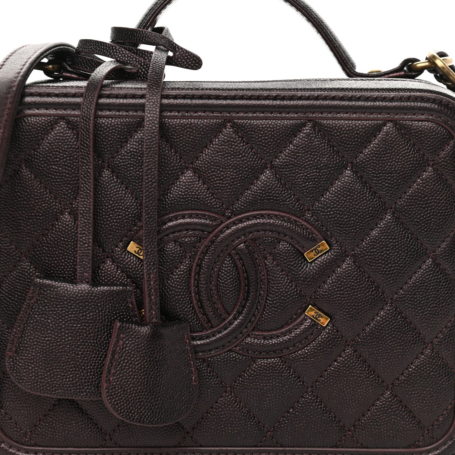 Iridescent Caviar Quilted Medium CC Filigree Vanity Case Burgundy