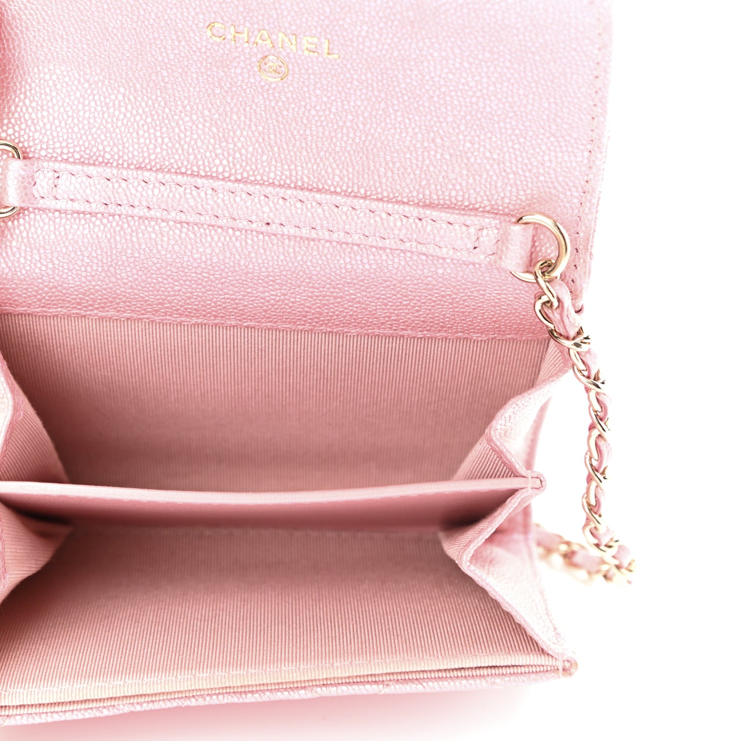 Iridescent Caviar Quilted Flap Card Holder On Chain Pink