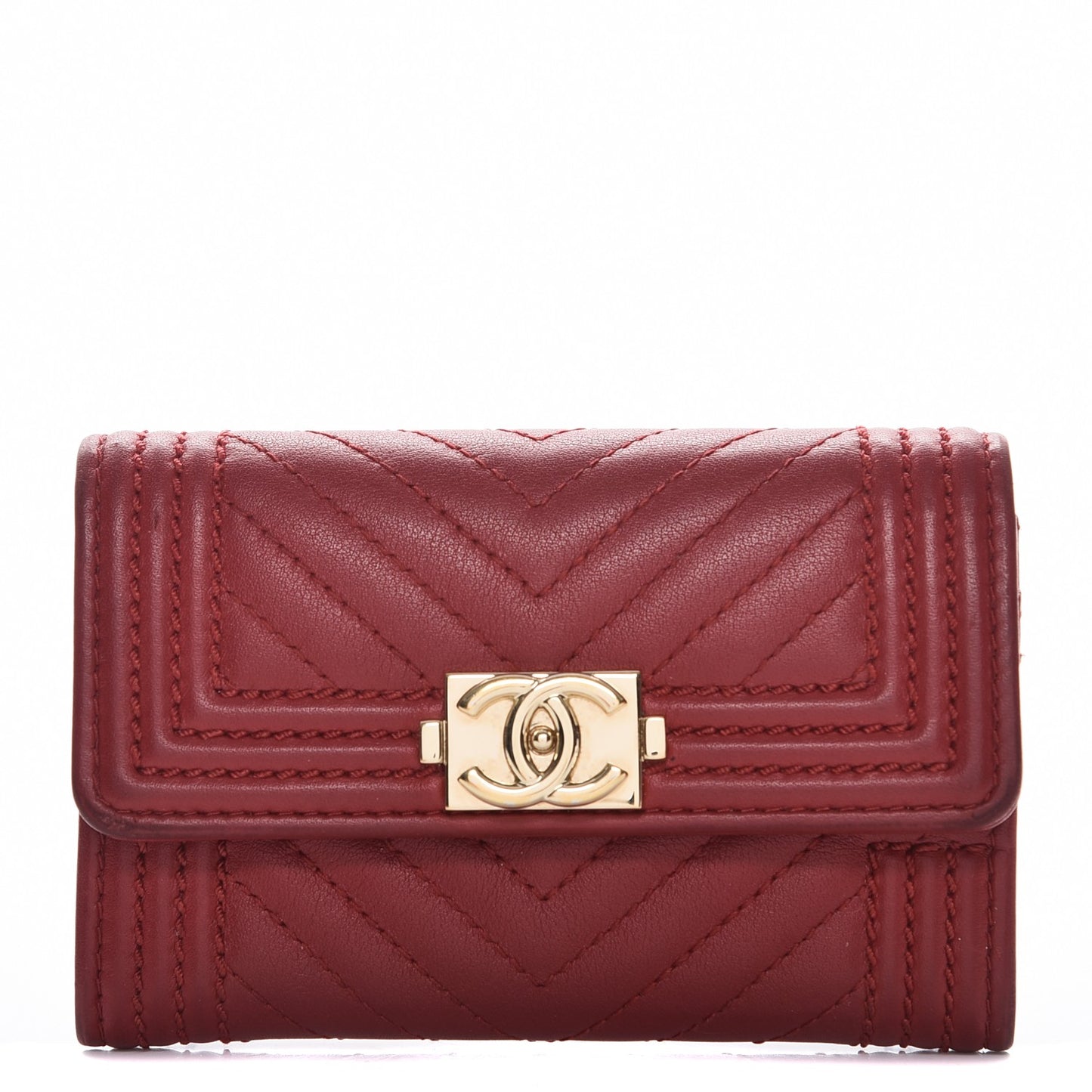 Calfskin Chevron Quilted Boy Card Holder Wallet Red